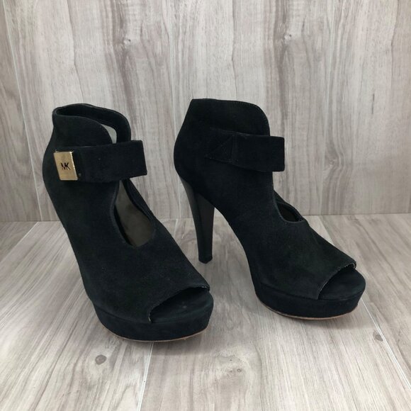Michael Kors Heel Booties Woomens 7M Davenport Black Suede Peep Toe Ankle Boots - Picture 4 of 13